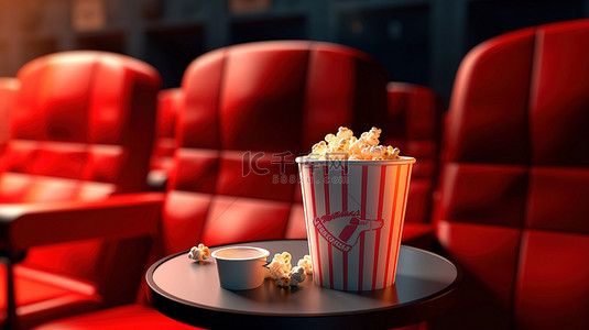 电影院座位的 3D 渲染，配有爆米花和饮料