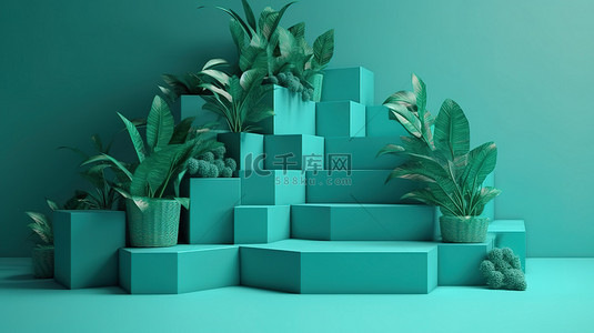 绿松石背景图片_3d 渲染中的现代台阶平台设计，具有美丽的绿松石背景和茂密的植物装饰