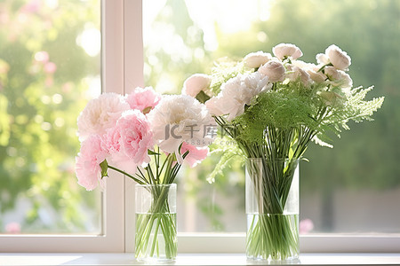 窗台上眼镜中的鲜花花束