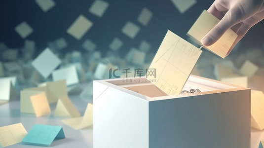 在 3d 投票概念中将纸放入投票箱的手的渲染