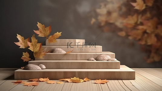 阶梯装饰背景图片_带树叶装饰的木地板和 3D 阶梯石展览