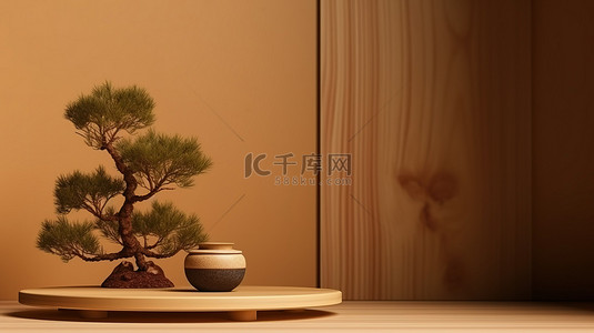 创意产品展示背景图片_棕色背景下日本松和讲台的 3D 渲染，用于产品展示