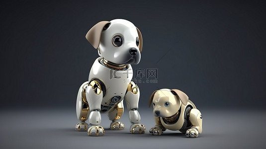 人和狗狗背景图片_未来派 3d 机器人和犬类机器人二人组
