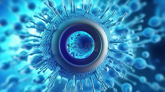 细菌蓝色背景图片_蓝色背景上具有蓝色病毒或细菌 3D 渲染的显微镜物镜