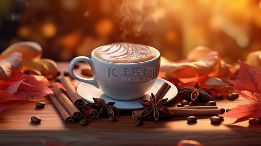 字师背景图片_一杯专业卡布奇诺咖啡的 3D 渲染，配有巧克力和肉桂，非常适合秋季概念或背景