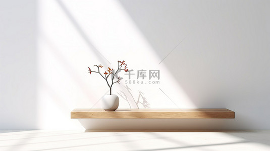 时尚的木桌，白色瓷砖墙上有树影，可展示令人惊叹的 3D 产品