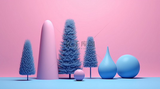 粉色背景立方体椭圆形和圆锥体上几何形状的蓝色树的简约 3D 渲染