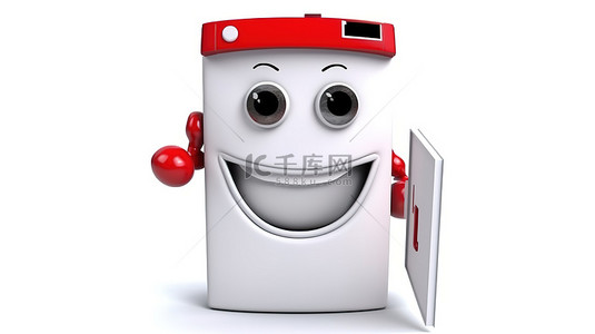 白色洗衣机吉祥物的 3D 渲染，在干净的背景上拿着红色剪贴板纸和铅笔