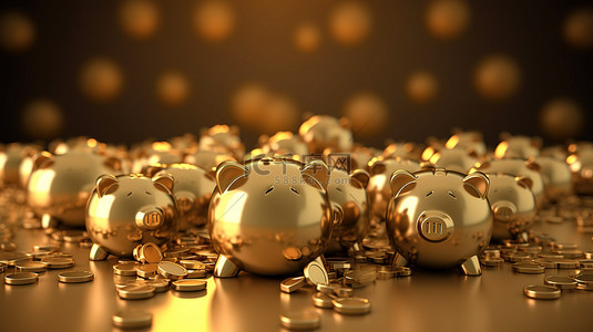 猪花背景图片_金色背景与落硬币各种尺寸的 3d 渲染金色存钱罐