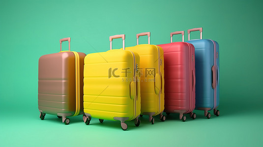 在彩色背景中以时尚的 3d 手提箱包和行李箱旅行