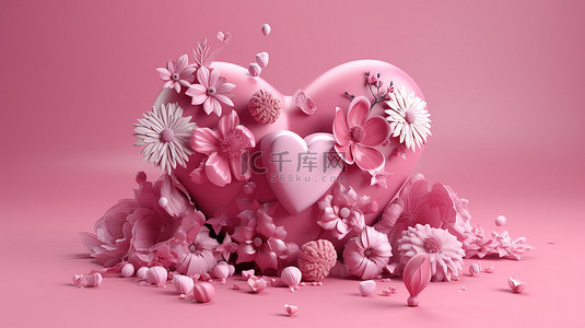 情人节 3d 在粉红色背景上渲染心和花