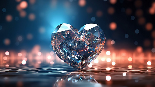 抽象散景背景下心形钻石的 3D 渲染