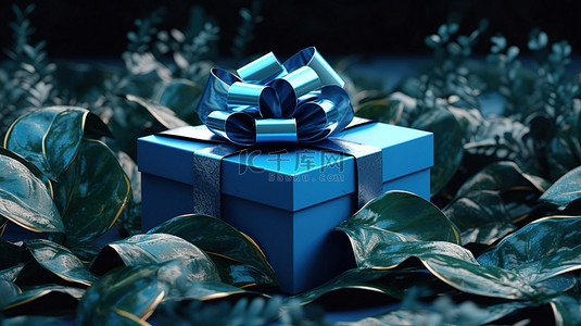绿树成荫的环境增强了蓝丝带礼品盒的 3D 渲染