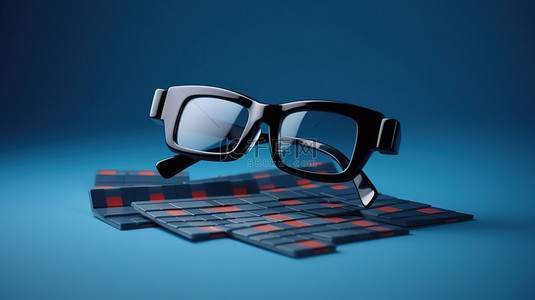 摄影短视频大赛背景图片_3D 眼镜放在经典的蓝色拍板上，象征着电影和娱乐世界