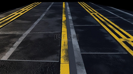 柏油地背景图片_3D 渲染中带有黄线的沥青路自上而下视图