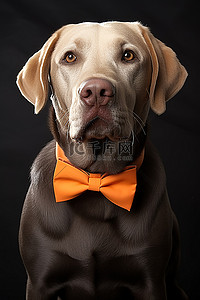 一只穿着西装打着橙色领结的橙色拉布拉多犬