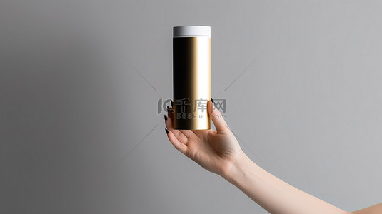 展示3背景图片_在黑白产品模型上用白手握住金圆柱体的 3D 渲染