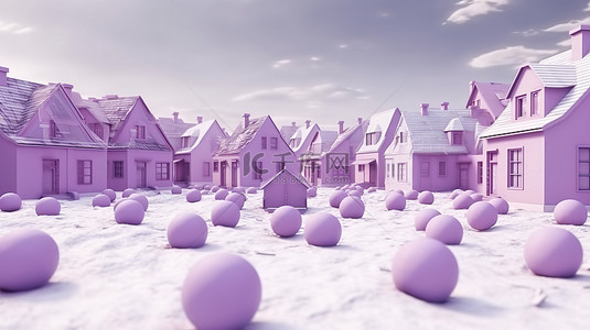 在这张 3D 全景图像中，一座薰衣草色的房屋在白色房屋的海洋中脱颖而出
