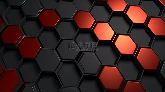 豪华抽象背景，具有黑色和红色几何六边形黑色星期五 3d 渲染