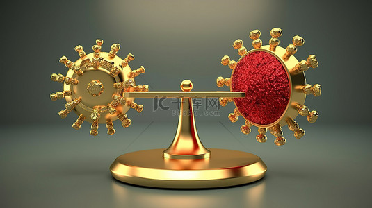金融红色背景图片_3D 跷跷板上的平衡法黄金货币与红色冠状病毒