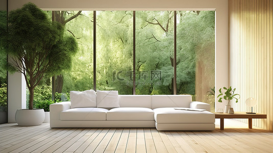 自然启发的现代客厅，木地板上有白色沙发 3d 渲染图像
