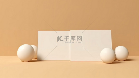 样机名片背景图片_3D 渲染模板，具有米色背景和金色球体的白色空白名片模型