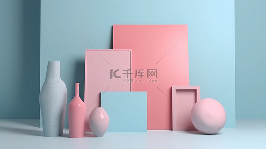 粉色圆柱背景图片_工作室在柔和的粉红色和柔和的蓝色背景上拍摄 3d 渲染的产品展示或留言板