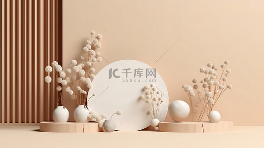 米色大理石讲台上装饰花瓶和落花的 3D 渲染