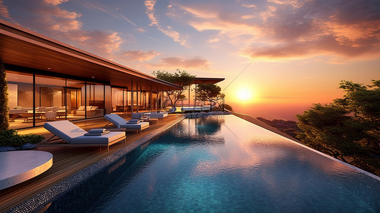 从豪华别墅外观设计 3D 渲染的无边泳池欣赏令人惊叹的日出景观