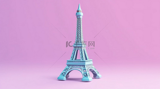 3D 渲染粉红色背景展示巴黎蓝色埃菲尔铁塔雕像