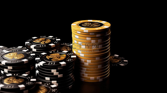 时尚的扑克场景，配有黑色和金色赌场筹码和 3D 扑克牌