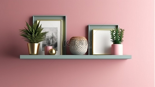别致而优雅的装饰套装，配有豪华的金色框架充满活力的绿色墙壁精致的粉红色架子和 3D 渲染的茂盛植物