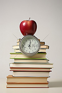 一堆书坐在钟旁边的苹果上