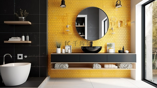 浴室洗脸盆背景图片_现代浴室设计，采用黄色马赛克装饰墙矩形镜子和时尚的黑色洗脸盆，采用 3D 渲染