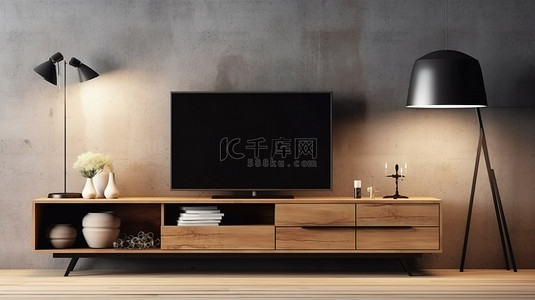 电视机3d背景图片_电视单元靠木墙的 3D 渲染，餐具柜配有书籍和装饰