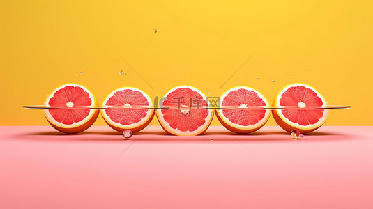 3D 渲染从粉红色背景上的洞中出现的切片橙子的概念化