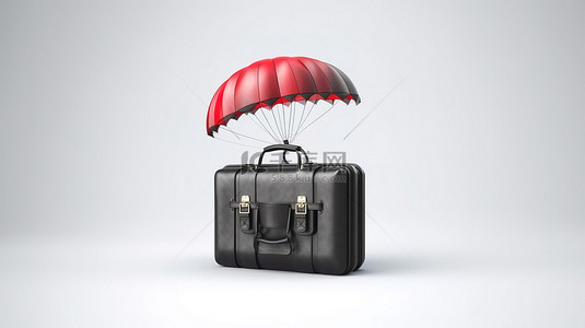 降落伞元素背景图片_白色背景下带有红色降落伞的黑色皮革公文包的 3D 渲染