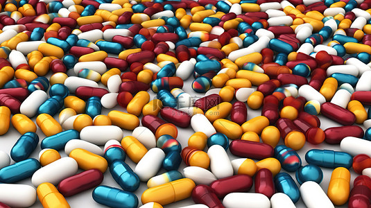 药剂师岗位背景图片_各种胶囊，白色背景上彩色药物的 3D 渲染