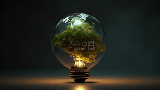 地球的能源背景图片_照亮灯泡中地球的生态意识 3D 渲染