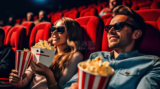 开心吃背景图片_3D 电影观众坐在电影院里咀嚼爆米花