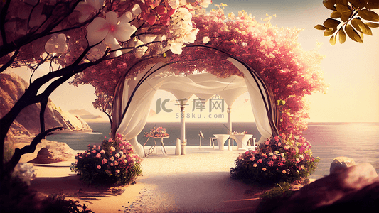 西式婚礼婚礼背景图片_婚礼现场海边花卉背景粉色
