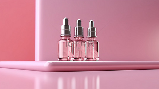 化妆品滴管瓶子背景图片_粉红色背景液滴模型的 3D 渲染，在楼梯讲台上配有护肤滴管瓶