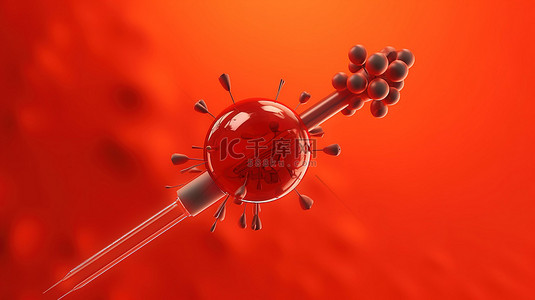 红色背景 3D 渲染注射器穿透细胞来描绘人工授精的概念