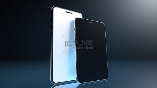 联系手机背景图片_蓝色背景增强了带有黑色显示屏的 3d 智能手机模型