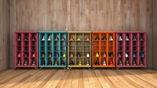 学校背景图片_充满活力的木材存储单元 3D 渲染鞋架展示或储物柜