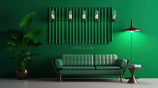 客厅的 3D 渲染，采用中世纪现代室内设计和图案绿墙背景