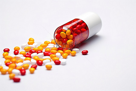 一半黄色背景图片_白色背景上的一颗红色药丸，里面有红色和黄色的药物
