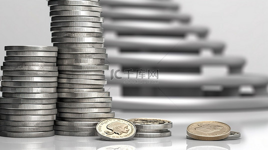 卢布背景图片_梯子在五千张钞票上堆放十卢布硬币的 3D 插图