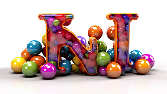 有趣的 3D 插图中充满活力的 k l 和 m 字母，带有光滑的彩色装饰球