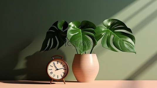 背景剪影背景图片_3D 渲染的龟背竹植物在花瓶中在计时器上投射阴影